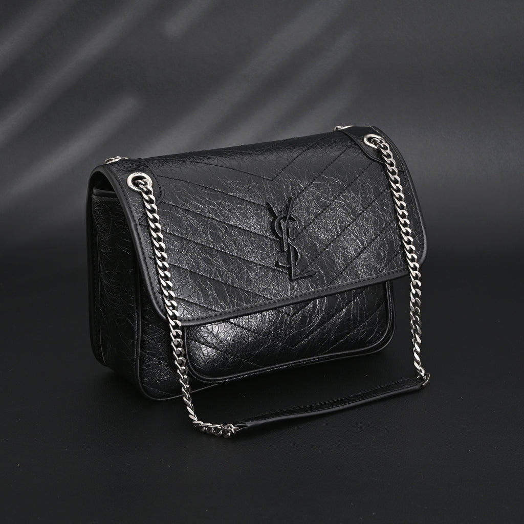 Saint Laurent Niki Medium Black Crinkled Leather Shoulder Bag