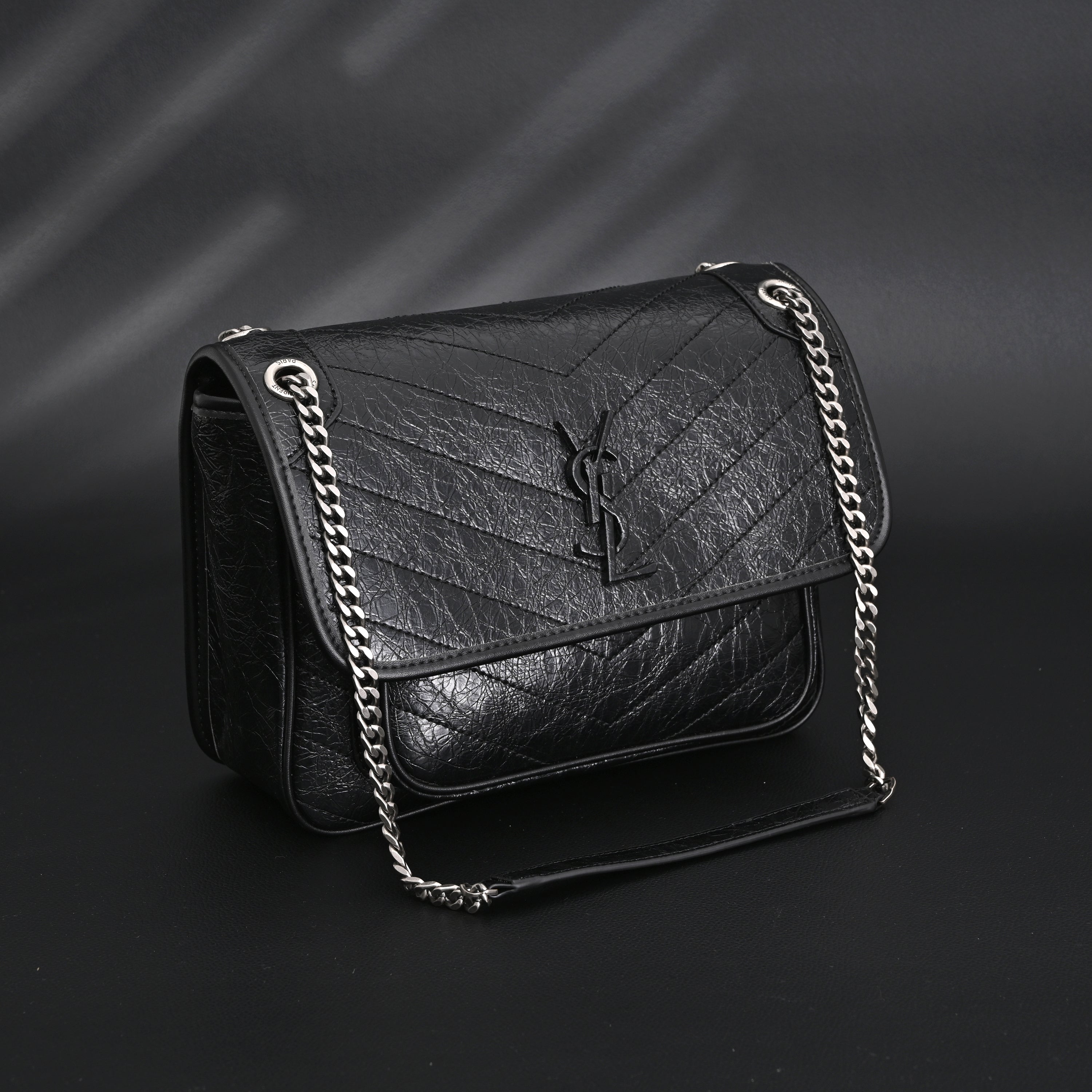 Saint Laurent Niki Medium Black Crinkled Leather Shoulder Bag