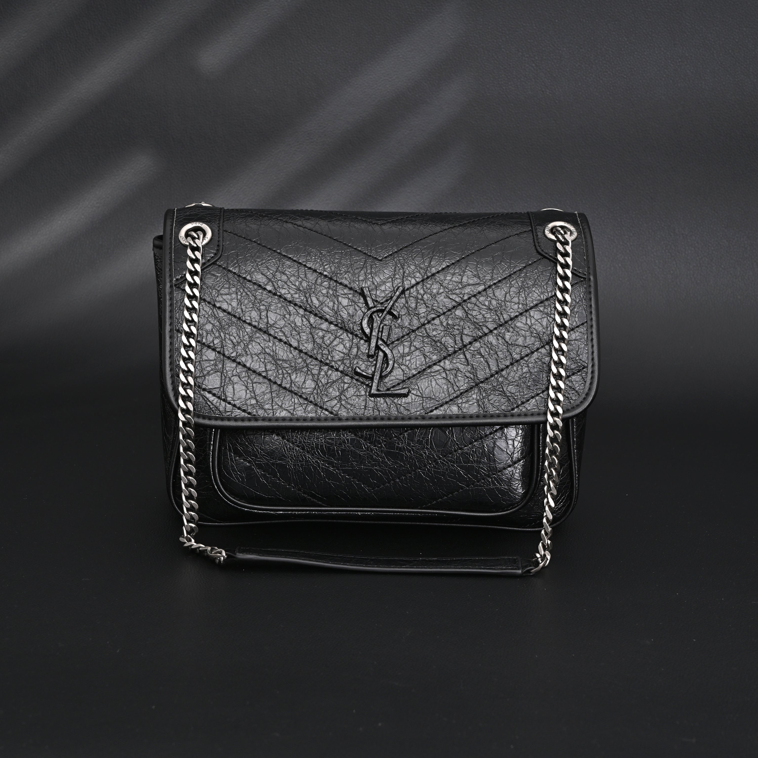 Saint Laurent Niki Medium Black Crinkled Leather Shoulder Bag