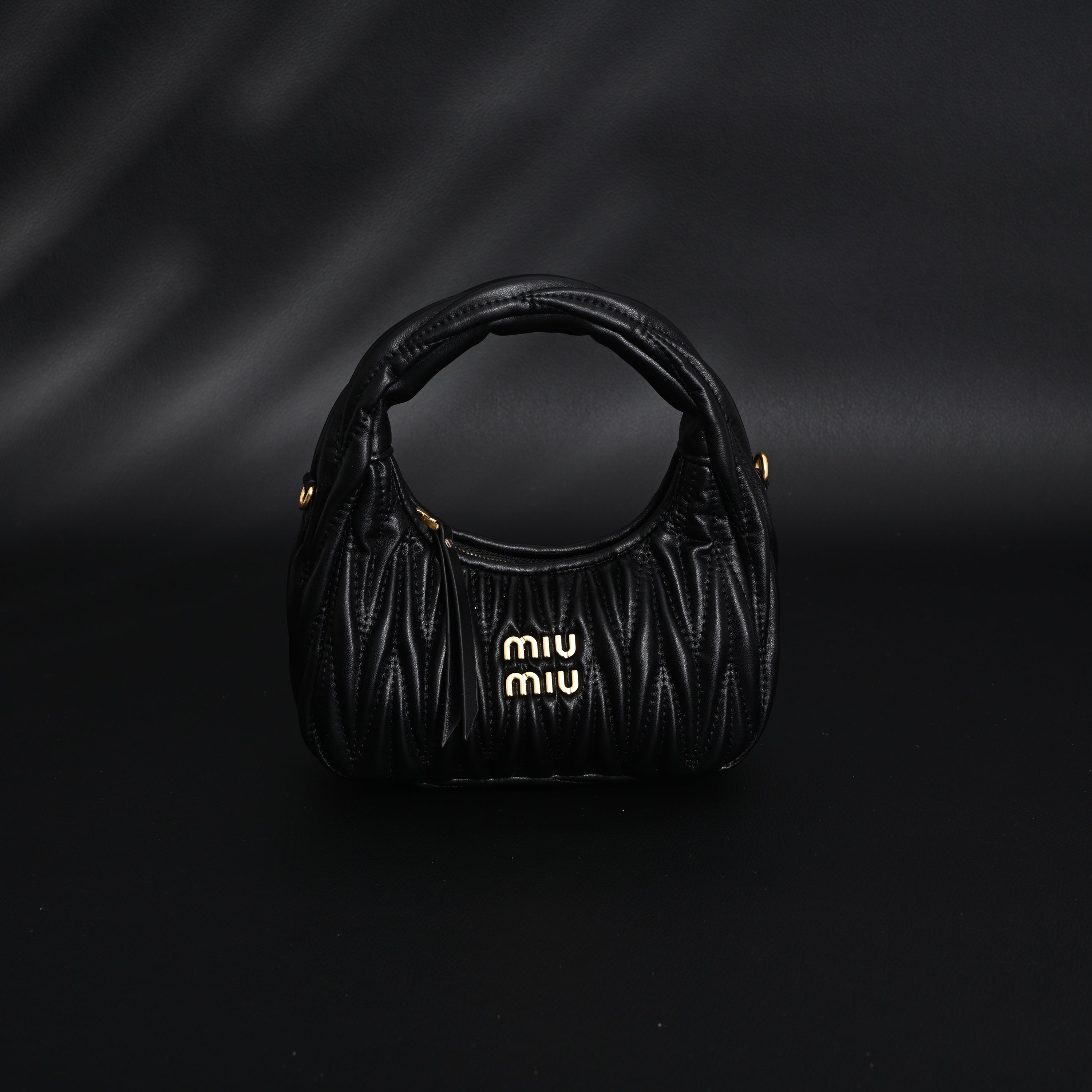 Miu Miu Matelassé Leather Hobo Bag – Black with Gold Hardware