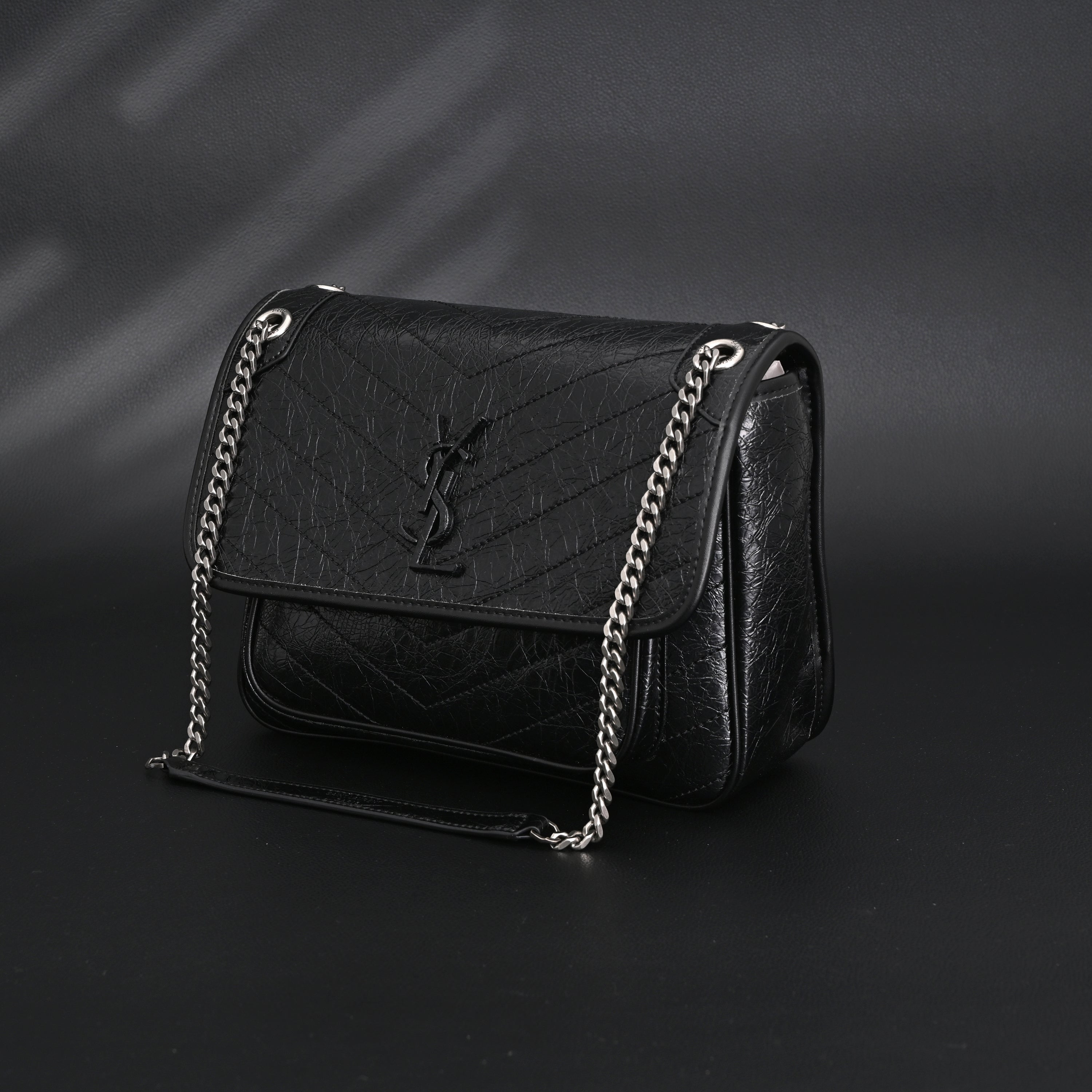 Saint Laurent Niki Medium Black Crinkled Leather Shoulder Bag