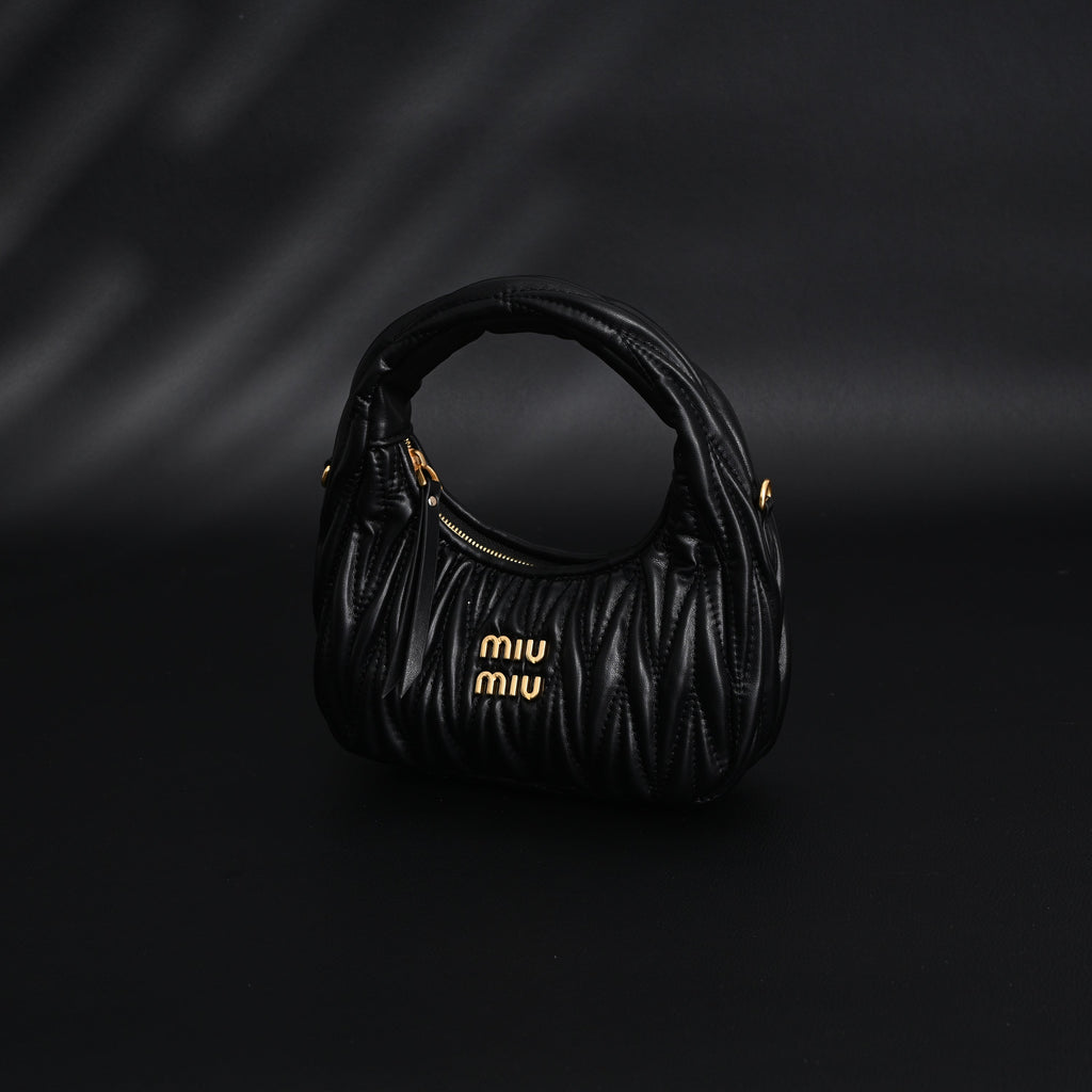 Miu Miu Matelassé Leather Hobo Bag – Black with Gold Hardware