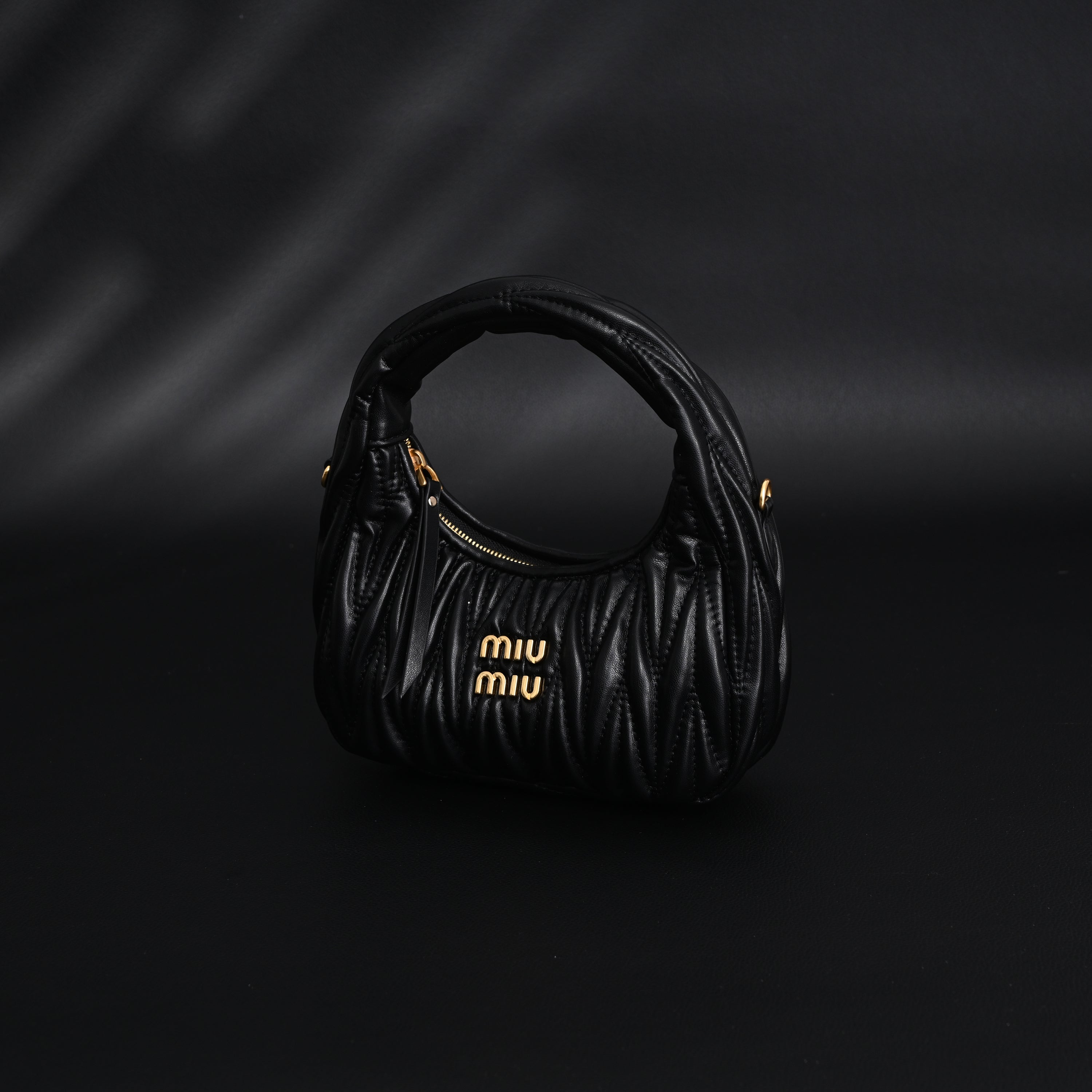 Miu Miu Matelassé Leather Hobo Bag – Black with Gold Hardware