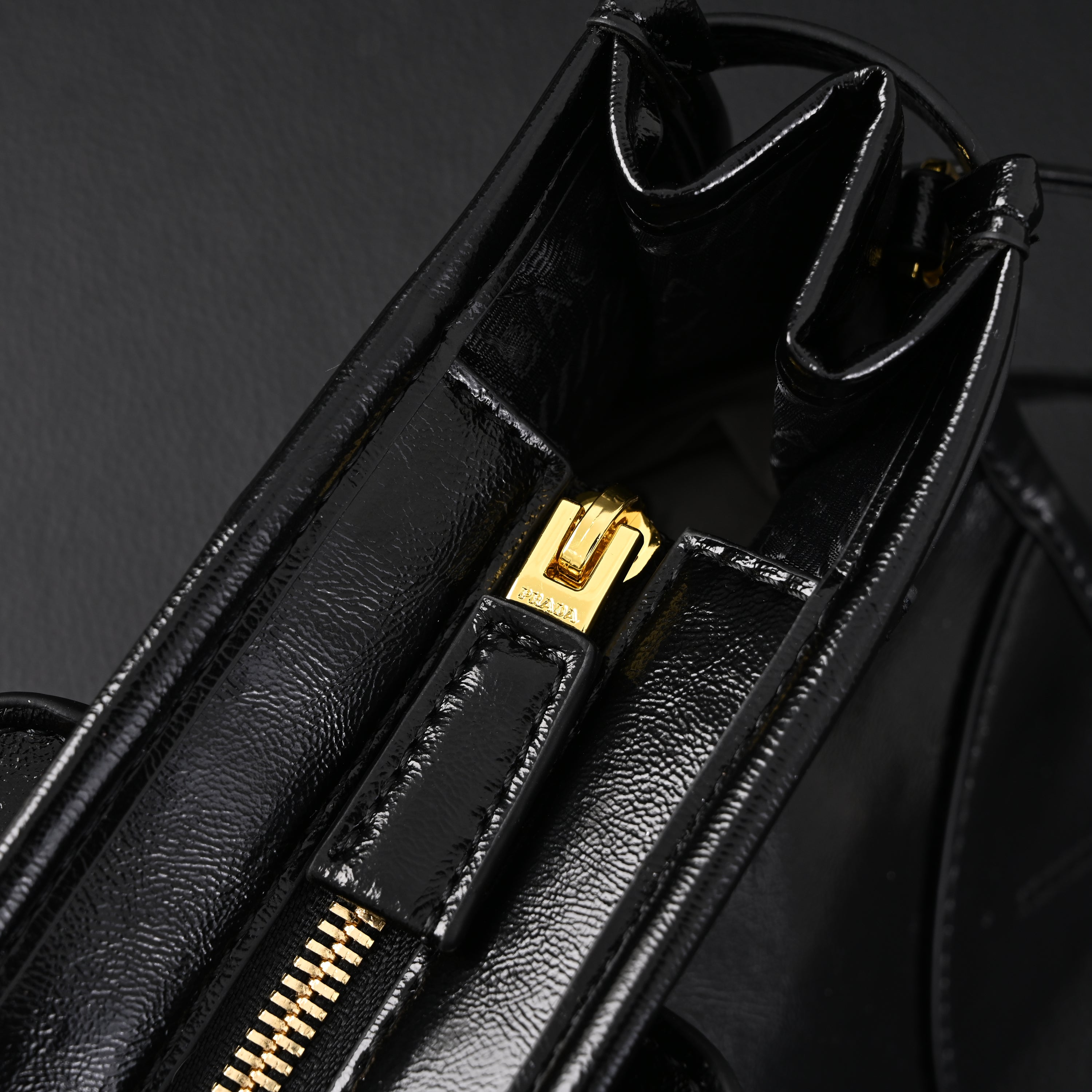 Prada Cleo Black Patent Leather Shoulder Bag with Gold Hardware